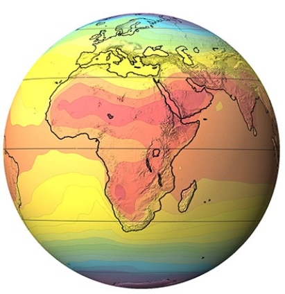 <strong>This globe,from the opening two-page spread of the Climate chapter,shows average annual temperature (warmest is red,coolest is purple).What is the main factor causing Europe to be colder than Africa? </strong> A)Trade winds B)Westerlies C)Amount of insolation D)Ocean currents