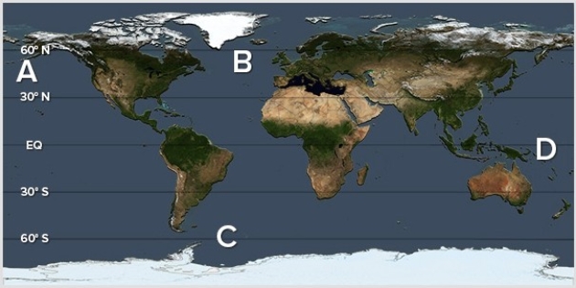<strong>Which of the following locations is associated with sinking of cold saline waters forming the North Atlantic deep waters (NADW)? </strong> A)A B)B C)C D)D