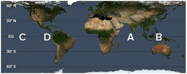 <strong>El Niño would bring the warm pool and associated convective rainfall to </strong> A)A. B)B. C)C. D)D.