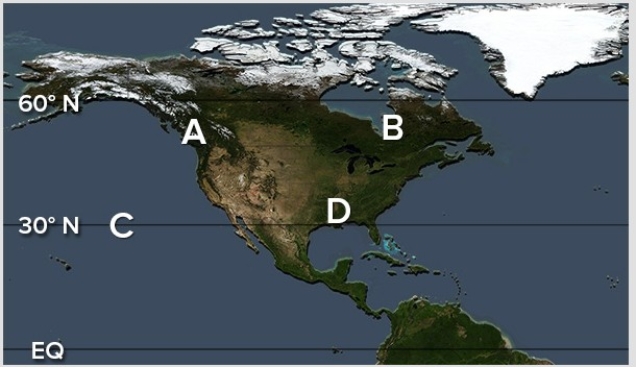 <strong>Which of the following locations would be characterized by drier and warmer conditions during a La Niña? </strong> A)A B)B C)C D)D