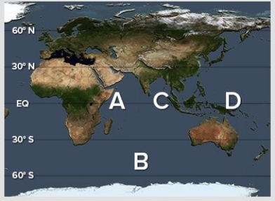 <strong>A negative phase of the Indian Ocean Dipole (IOD)results in warmer than average surface waters at ________ and cooler than average waters at ________. </strong> A)A; C B)A; D C)C; A D)C; B