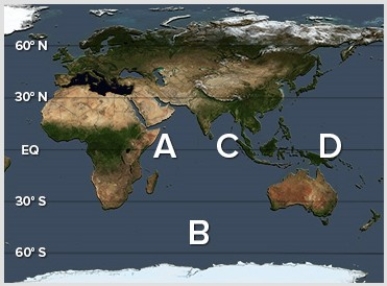 <strong>A positive phase of the Indian Ocean Dipole (IOD)results in warmer than average surface waters at ________ and cooler than average waters at ________. </strong> A)A; C B)A; D C)C; A D)C; B