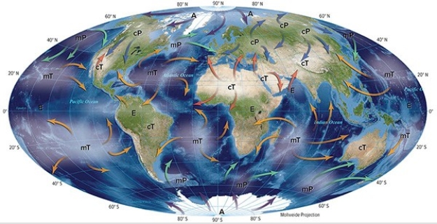 <strong>The mT air masses pictured here originate  </strong> A)over water,are stable,and bring cold air during the summer. B)over water,are unstable,and bring warm air during the winter. C)over land,are stable,and bring cold air during the summer. D)over land,are unstable,and bring warm air during the winter. <div style=padding-top: 35px> 