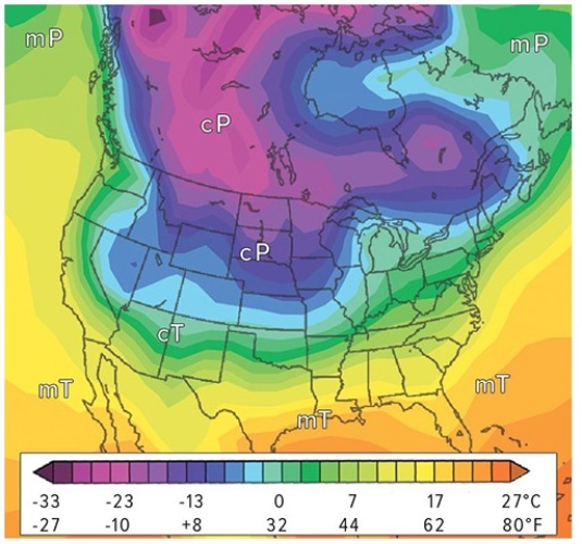 <strong>Which of the following air masses pictured here is typically unstable,with cold air overlying warm air? The westerlies often push this cool,damp wind of this air mass eastward.  </strong> A)cT B)cP C)mP D)mT <div style=padding-top: 35px> 