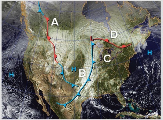 <strong>Find the largest front located north of the Great Lakes on the map.The likely air mass to the south of this front is a ________ mass that is likely to be ________ than the air mass to the north.  </strong> A)mP; moister B)cP; drier C)cP; moister D)mT; moister <div style=padding-top: 35px> 