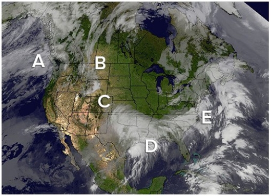 <strong>Which of the following locations would best represent a storm track characterized as bringing cold moist air to inland Canada?  </strong> A)A B)B C)C D)D E)E <div style=padding-top: 35px> 