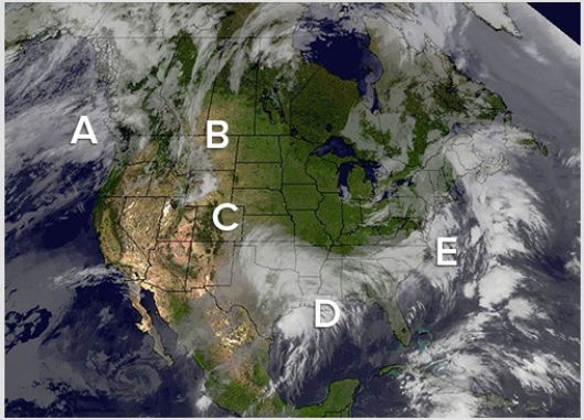 <strong>Which of the following locations would spawn a storm track known as a Noreaster that is difficult to forecast and can bring heavy snow?  </strong> A)A B)B C)C D)D E)E <div style=padding-top: 35px> 
