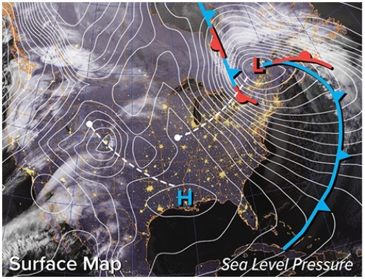 <strong>Which of the following best explains for the midlatitude cyclone tracking to the northeast and strengthening?  </strong> A)Upper air accelerating and converging B)Upper air slowing and diverging C)Upper air accelerating and diverging D)Surface level winds accelerating and diverging <div style=padding-top: 35px> 