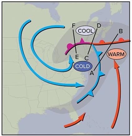 <strong>Which of the following segments best illustrates the end of a midlatitude cyclones occlusion process?  </strong> A)F-E B)D-C C)B-A <div style=padding-top: 35px> 
