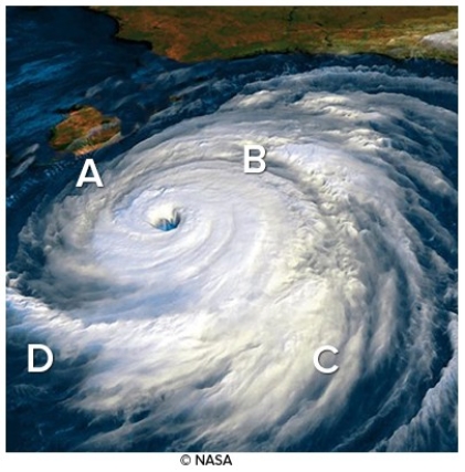 <strong>The most likely area for the development of tornadoes from this hurricane once it makes landfall is  </strong> A)A. B)B. C)C. D)D. <div style=padding-top: 35px> 