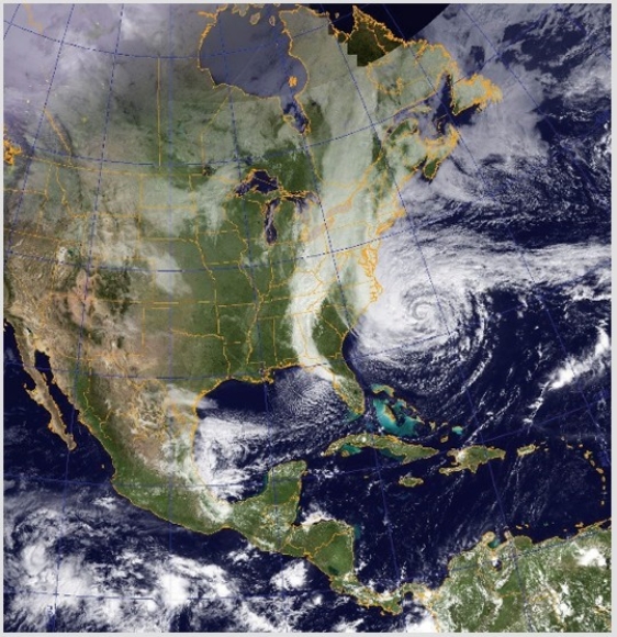<strong>Considering the history of Hurricane Sandy,what happened to the hurricane following the event shown in this image?  </strong> A)It turned eastward across the Atlantic Ocean,sparing the land B)It collided with a storm system coming eastward across the continent C)It turned south and caused damage in the Caribbean D)It turned southwest and caused damage to Florida <div style=padding-top: 35px> 