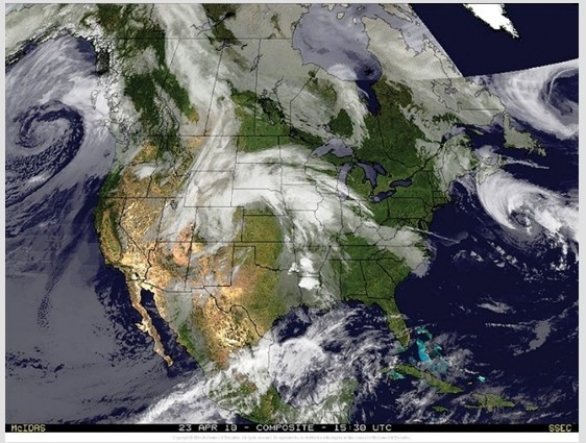 <strong>This satellite image shows conditions on Day 1 of the weather investigation.What type of feature is located over the center of North America?  </strong> A)A mid-latitude cyclone B)ITCZ C)Bermuda-Azores high D)Tibetan high <div style=padding-top: 35px> 