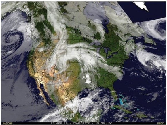 This satellite image shows conditions on Day 1 of the weather investigation.What is likely to be the general path of the storm system in the center of the U.S.from this day to the next (Day 2)?