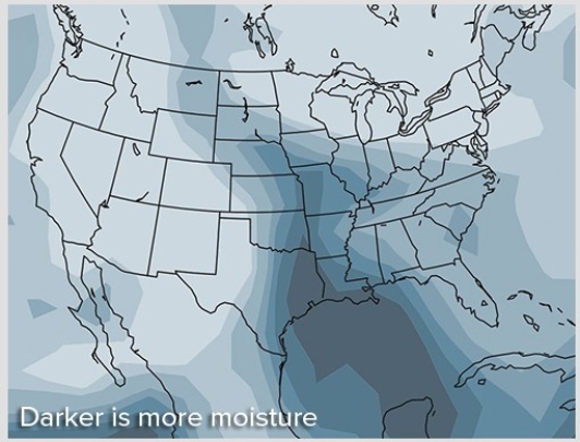 This map shows atmospheric moisture on Day 1 of the weather investigation,with darker areas showing the highest amount of moisture.Based on this map,which area has the moistest air?