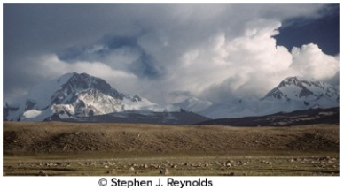 <strong>In this image from Tibet,water is expressed in a visible form through </strong> A)water vapor in the atmosphere. B)clouds suspended in the atmosphere. C)ice and snow. D)clouds,ice,and snow. E)All of the answers here are correct.