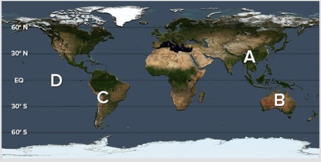 <strong>Which of the following locations would have the lowest specific humidity values in July due to the sinking motion of subtropical high pressure areas? </strong> A)A B)B C)C D)D