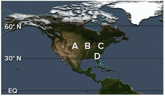 <strong>Which of the following locations would have low July dew points,primarily because of the rain shadow effect? </strong> A)A B)B C)C D)D