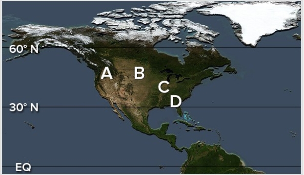 <strong>Which of the following locations experiences the greatest frequency of freezing rain due to the typical storm track of midlatitude cyclones? </strong> A)A B)B C)C D)D