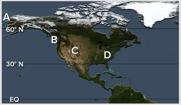 <strong>This location receives the more precipitation than any other region,for any time of year,due to orographic lifting,prevailing westerly winds,and proximity to moisture laden ocean air. </strong> A)A B)B C)C D)D