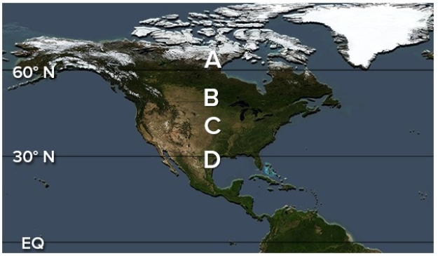 <strong>Which of the following locations would have the lowest January precipitation totals as a result of the air's low water vapor capacity? </strong> A)A B)B C)C D)D