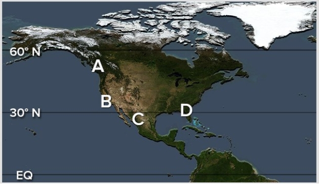 <strong>Which region receives the most July precipitation due to the clockwise circulation of high pressure supplying warm,moist air? </strong> A)A B)B C)C D)D