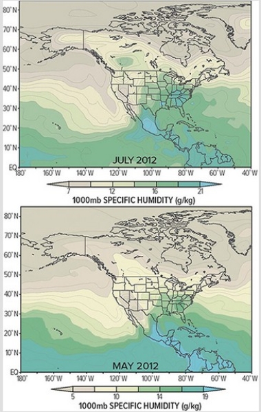 <strong>Observe these two maps of specific humidity,the top from July 2012,the bottom from May 2012.Which condition could account for the observed changes? </strong> A)July strengthening of the Bermuda-Azores high advecting moisture to the High Plains from the Gulf of Mexico B)May strengthening of the Bermuda-Azores high advecting moisture to the High Plains from the Gulf of Mexico C)July strengthening of the Hawaiian high advecting moisture in a zonal pattern to the High Plains from the Pacific D)May strengthening of the Hawaiian high advecting moisture in a zonal pattern to the High Plains from the Pacific