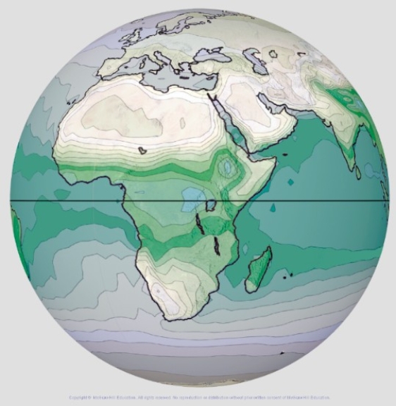 <strong>This globe from the atmospheric moisture investigation shows specific humidity,with blue and green being highest.Which part of Africa has the highest specific humidity? </strong> A)In the far north,close to the Mediterranean Sea B)Along the equator C)Near the southernmost tip,which is surrounded by ocean on three sides