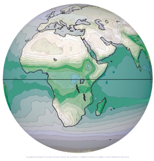 <strong>This globe from the atmospheric moisture investigation shows specific humidity,with blue and green being highest.What feature most likely coincides with the area of highest specific humidity? </strong> A)The Intertropical Convergence Zone (ITCZ) B)The subtropics C)The belt of westerlies D)The polar easterlies
