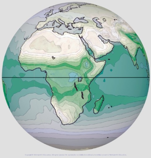 <strong>This globe from the atmospheric moisture investigation shows specific humidity,with blue and green being highest.Which of the following parts of Africa has the lowest specific humidity? </strong> A)The northern part B)Along the equator C)Along the entire east coast of the continent D)Along the entire west coast of the continent