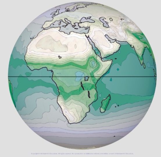 <strong>This globe from the atmospheric moisture investigation shows specific humidity,with blue and green being highest.What is a possible explanation for why specific humidity values are relatively low in the ocean adjacent to the western coast of southern Africa? </strong> A)The ITCZ shifts position with season B)The presence of a cold ocean current C)The westerlies blow from north to south in this area D)The westerlies blow south to north in this area