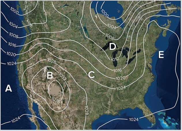 <strong>What location best represents a trough of low pressure? </strong> A)A B)B C)C D)D E)E