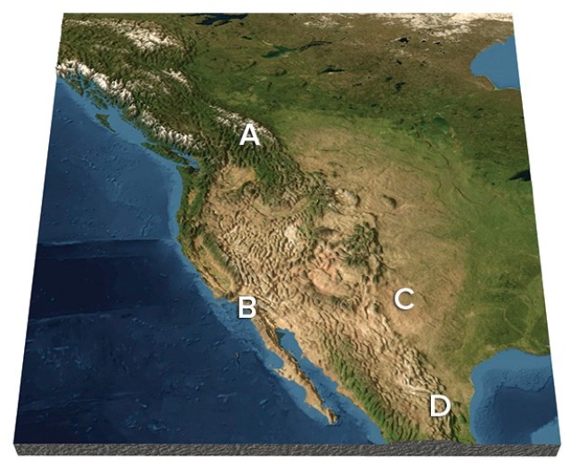 <strong>Which of the following locations has the greatest chance of experiencing Santa Ana winds? </strong> A)A B)B C)C D)D
