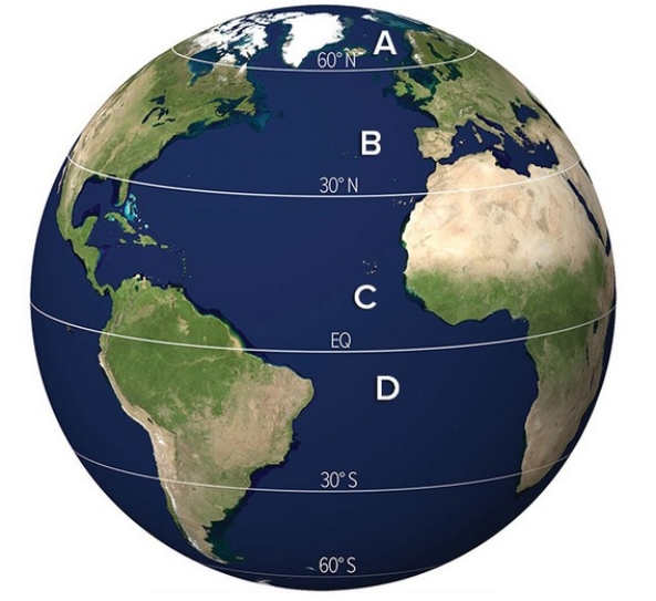 <strong>Which wind belt is located at letter D? </strong> A)Polar Easterlies B)Westerlies C)Northeast Trade Winds D)Southeast Trade Winds