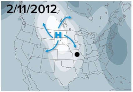 <strong>The dot on this map represents Missouri.Based on your knowledge of the anticyclone's wind direction,how would temperatures change between 2/11/2012 and 2/13/2012? </strong> A)Cooler then warmer B)Warmer then cooler C)Cold then colder D)Temperatures wouldn't change