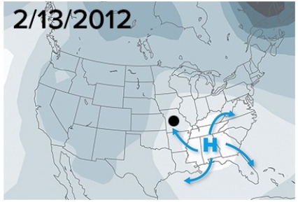 <strong>The dot on this map represents Missouri.Based on your knowledge of the anticyclone's wind direction,how would temperatures change between 2/11/2012 and 2/13/2012? </strong> A)Cooler then warmer B)Warmer then cooler C)Cold then colder D)Temperatures wouldn't change