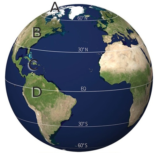 <strong>Where is the least and greatest amount of outgoing longwave radiation (OLR)located? </strong> A)A and B B)A and C C)A and D D)C and D
