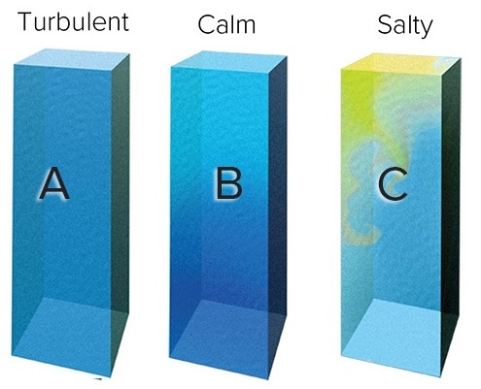 <strong>Which of the water columns would experience the greatest temperature differences with depth? </strong> A)A B)B C)C