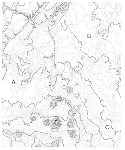 <strong>In the topographic map below,the place with the greatest relief among the four choices is at </strong> A)A. B)B. C)C. D)D.