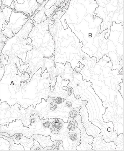 <strong>The most logical place to build a soccer or football field on the following map would be at </strong> A)A. B)B. C)C. D)D.