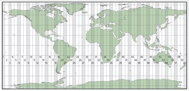 <strong>The map below shows zone numbers associated with which coordinate system? </strong> A)Universal Transverse Mercator B)State Plane Coordinate System C)Public Land Survey System
