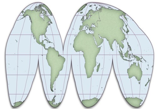 <strong>The map below uses what type of map projection? </strong> A)Cylindrical B)Sinusoidal C)Conical D)Planar