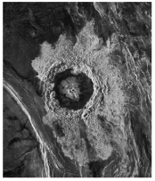 <strong>This radar image of a crater on Venus shows:  </strong> A)an area of light-colored,smooth rocks around the crater B)that the crater contains dark-colored,rough rocks C)a central area of dark-colored hematite surrounded by light-colored feldspar D)the roughness of the materials,but does not indicate whether the rocks are light or dark colored <div style=padding-top: 35px> 