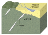 <strong>How do modern gold placer deposits form? </strong> A)hot water circulates around a magma B)hot water flows along the margins of a caldera C)hot water rising through veins encounters buried gravels D)pieces of gold are weathered and eroded from bedrock and carried and deposited by streams.