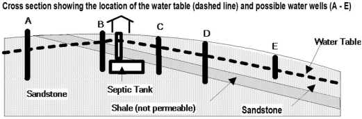 <strong>This cross section shows the location of a septic tank with harmful bacteria and 5 wells.Which well is least likely to become contaminated?</strong> A)well A B)well B C)well C D)well D E)well E   <div style=padding-top: 35px> 