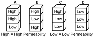 <strong>Which sequence of rocks in the associated figures could result in a confined aquifer (L = low permeability and H = high permeability)?  </strong> A)A B)B C)C D)D <div style=padding-top: 35px> 