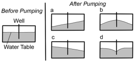 This figure shows a new well that will pump out groundwater faster than it can be replaced.What will the water table look like after pumping?