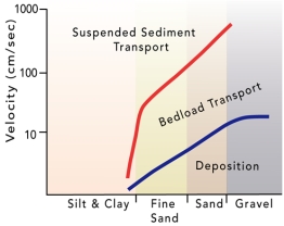 <strong>What does the associated graph indicate about a stream? </strong> A)Silt and clay are carried in suspension under most stream velocities. B)Sand and gravel are deposited at low velocities but transported at higher velocities. C)Sand is carried in suspension only at high velocities. D)As fast-moving water slows down,fine sand can switch from transport by suspension to the bed load. E)All of these.