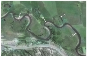 <strong>Which of the features on this aerial photograph is an oxbow lake? </strong> A)A B)B C)C D)D