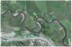 <strong>Which of the features on this aerial photograph is a point bar? </strong> A)A B)B C)C D)D