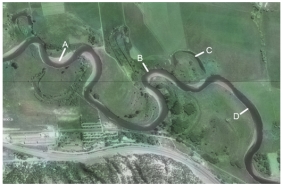 <strong>Which of the features on this aerial photograph is a cutbank? </strong> A)A B)B C)C D)D